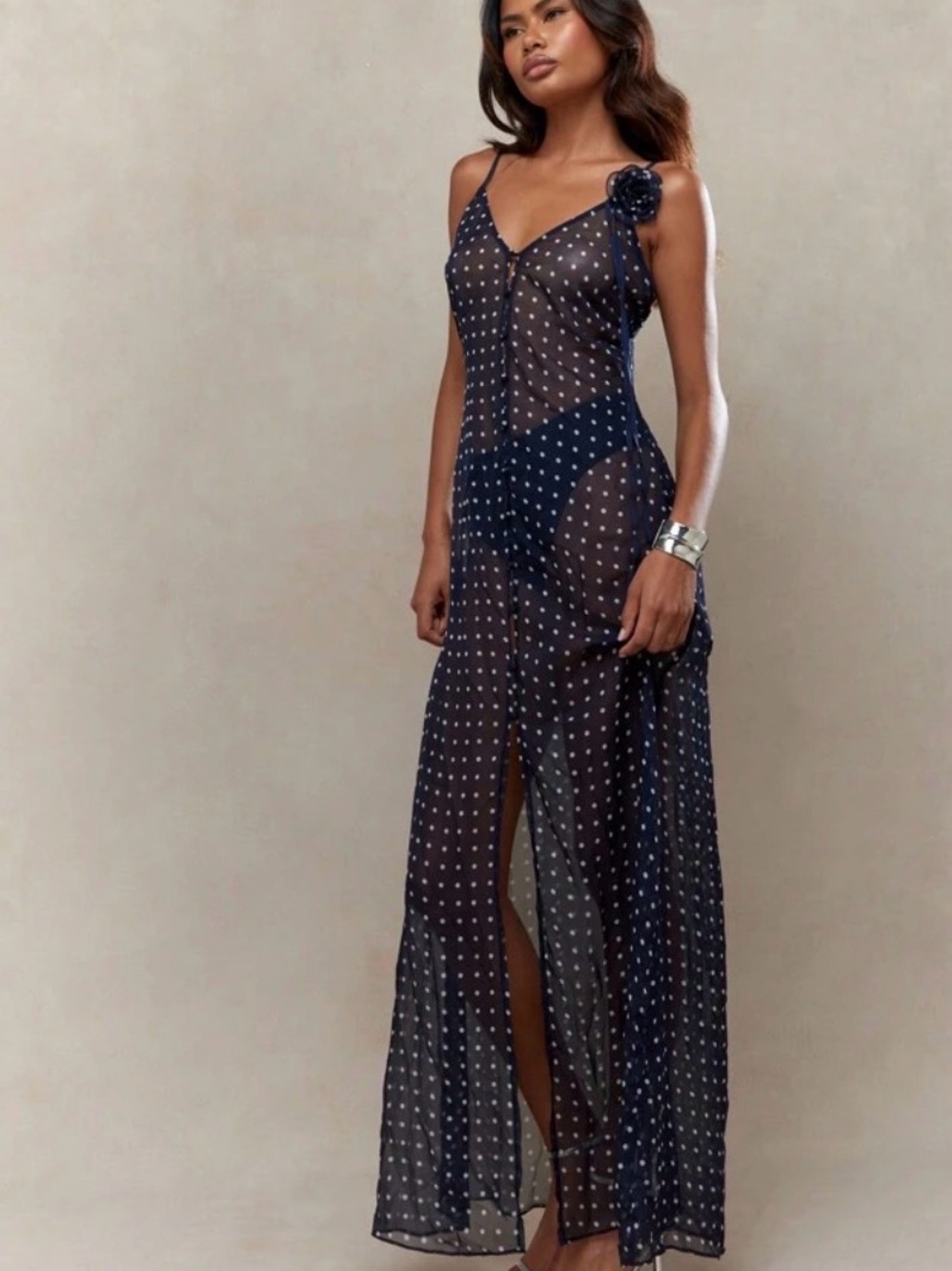 Missguided Navy Sheer Polka Dot Maxi Dress XS